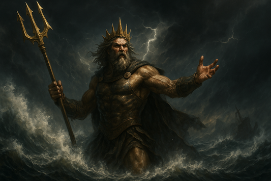 Poseidon standing in a stormy ocean holding a trident with lightning in the background.