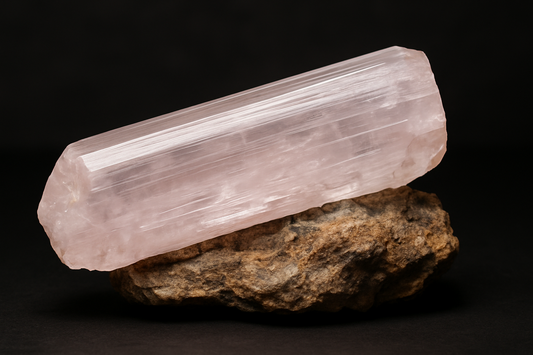 A hyper-realistic photo of a large spodumene crystal cluster with pale pink to green prismatic crystals on a rough pegmatite matrix, showing natural striations and a vitreous luster.