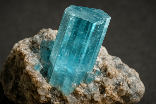 A hyper-realistic photo of an aquamarine crystal cluster with vivid blue to blue-green hexagonal crystals on a rough matrix, showing sharp edges, clarity, and a vitreous luster.