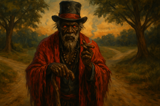 Traditional painting of Papa Legba standing at the crossroads.