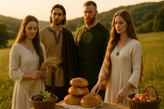 A rustic Lughnasadh harvest altar with bread, fruit, grains, and candles arranged outdoors in soft golden light.