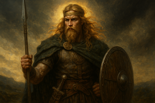 Realistic digital painting of Lugh, a Celtic god, standing in golden light with a spear and radiant energy.