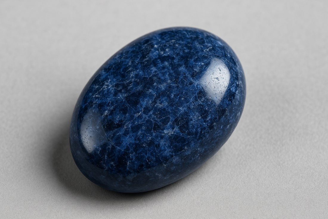 High-resolution close-up of a polished Dumortierite gemstone, showcasing its deep blue hues, intricate marbled texture, and smooth, reflective surface against a neutral gray background.