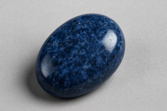 High-resolution close-up of a polished Dumortierite gemstone, showcasing its deep blue hues, intricate marbled texture, and smooth, reflective surface against a neutral gray background.