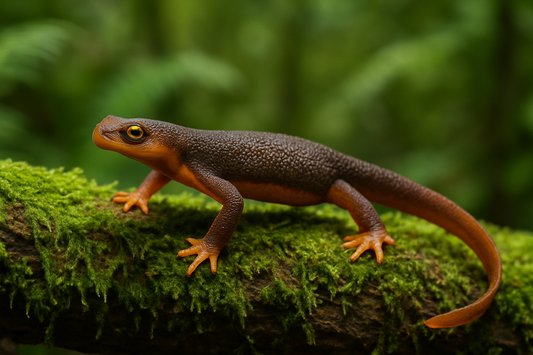 California newt on mossy log in forest.