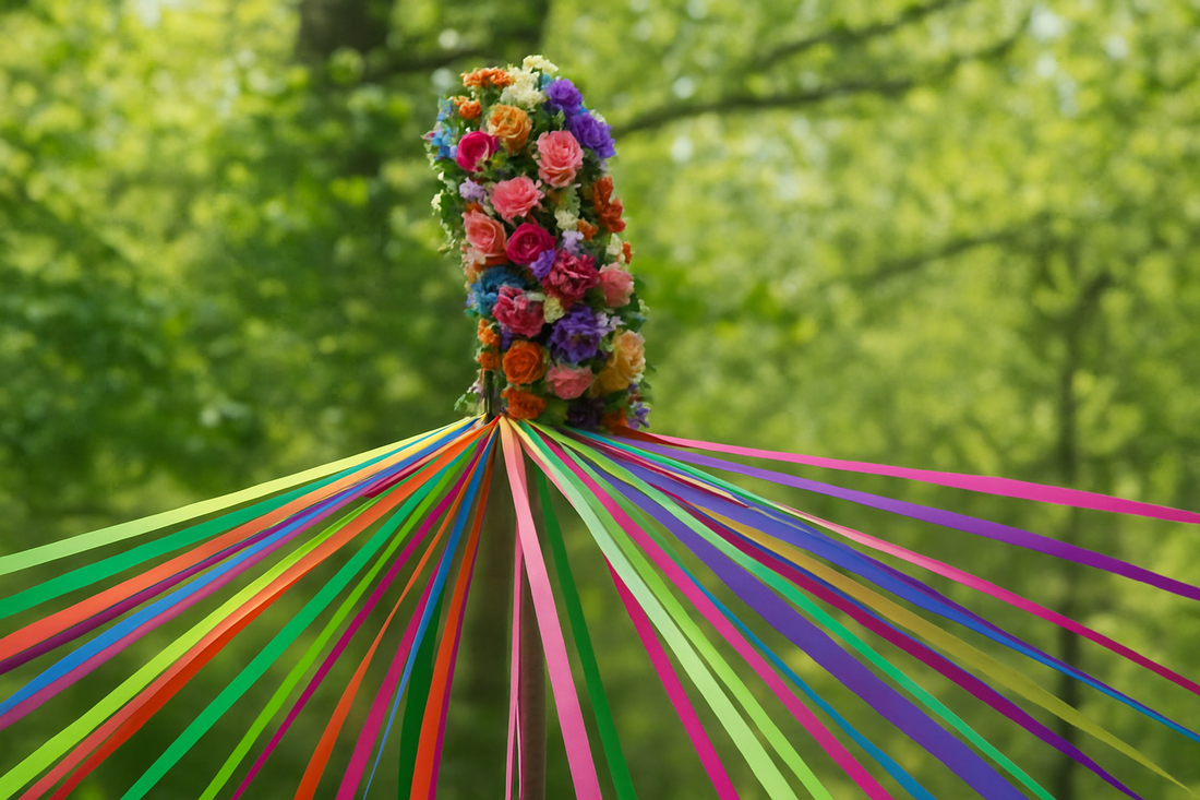 Colorful maypole decorated with vibrant flowers and rainbow ribbons set against a lush green forest background.