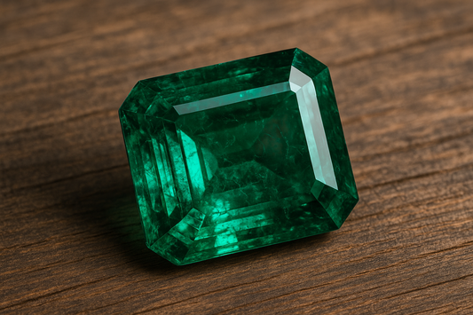 Emerald-cut emerald gemstone with deep green color on wooden surface.