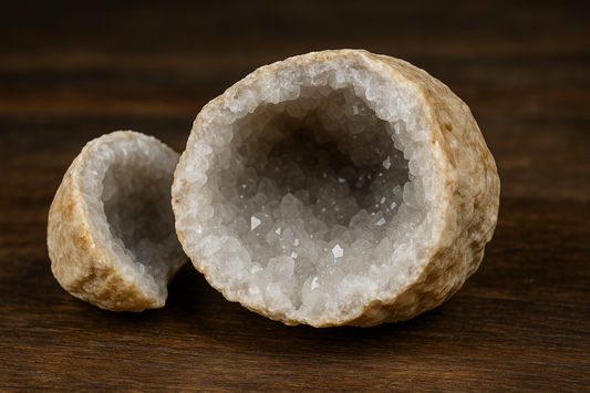 Open geode showing sparkling quartz crystals inside rough stone shell on wooden surface.