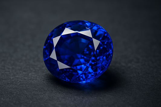 A hyper realistic close-up of a single faceted blue sapphire gemstone on a dark reflective surface.