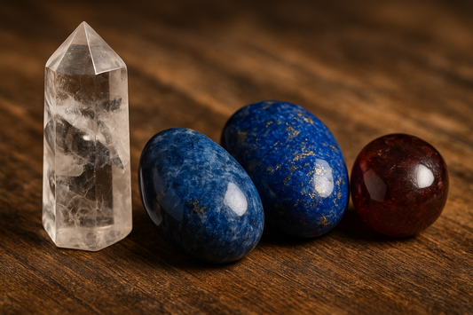 Polished ghost quartz, dumortierite, lapis lazuli, and garnet on wood surface.