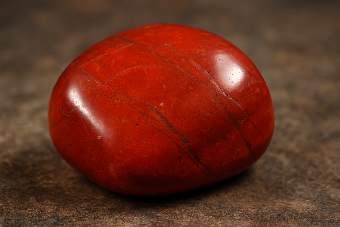 Red jasper gemstone with deep red tones and natural earthy patterns, polished for jewelry or display.