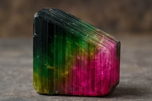 Polished multicolored tourmaline gemstone with vivid green, pink, and black hues on a neutral background.