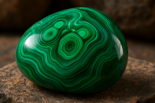 Hyper-realistic close-up of polished malachite with vivid green banded patterns in 16:9 format.