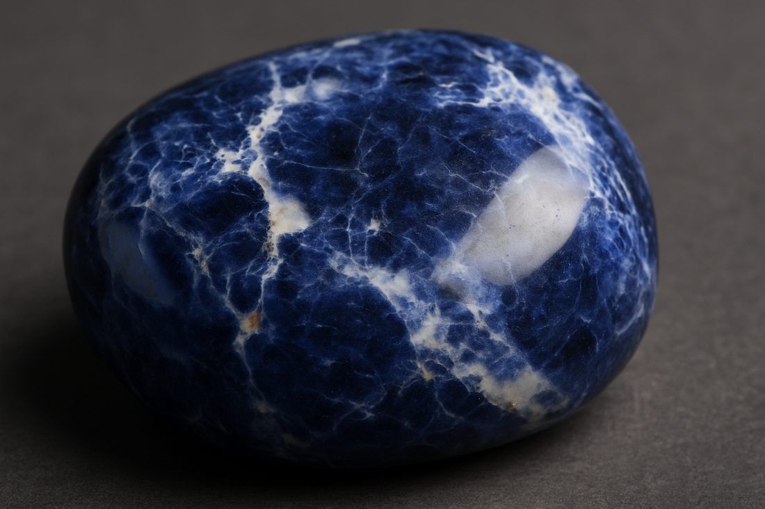 Polished sodalite gemstone in deep blue with white calcite veining, shown in close-up on a dark surface, highlighting its glossy texture and patterns.