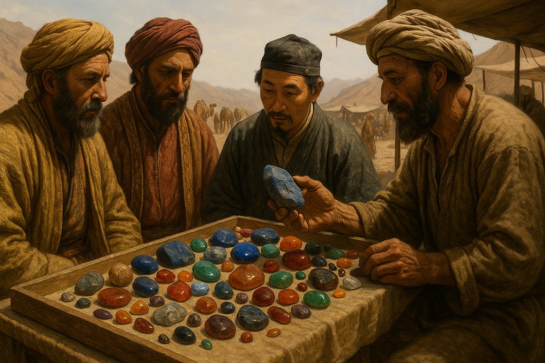 Ancient Silk Road merchants trading colorful gemstones at a desert market stall.