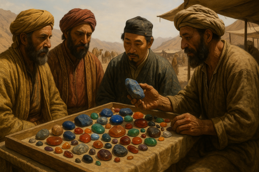 Ancient Silk Road merchants trading colorful gemstones at a desert market stall.
