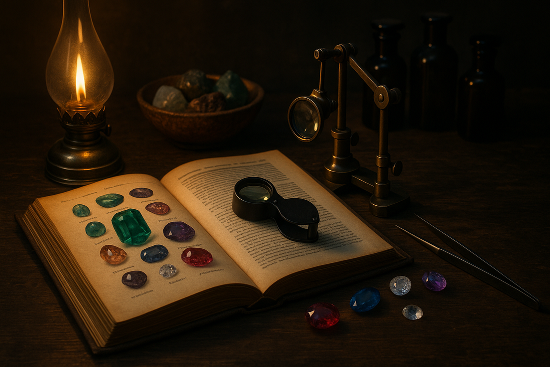 Antique gemology book with colorful gemstones and tools lit by oil lamp.