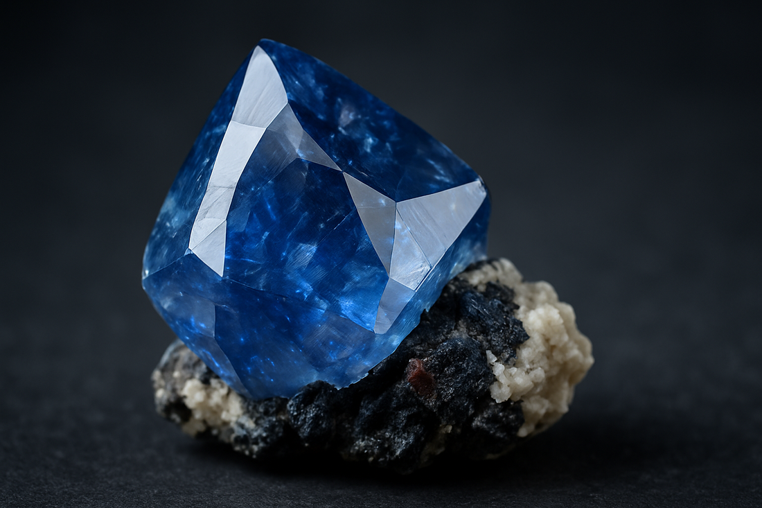 Benitoite gemstone with vivid blue color and rainbow-like dispersion on dark background.