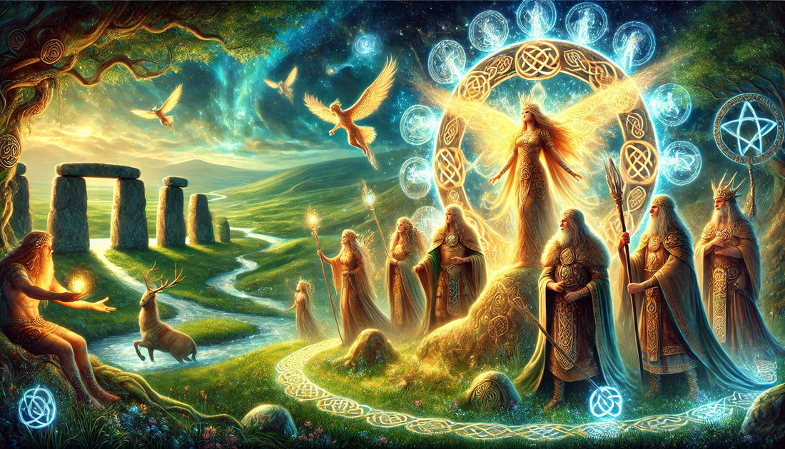 A mystical scene of the Tuatha Dé Danann in a Celtic landscape, featuring radiant figures with golden auras, intricate armor, glowing stone circles, and symbols of nature like stags and flowing rivers.