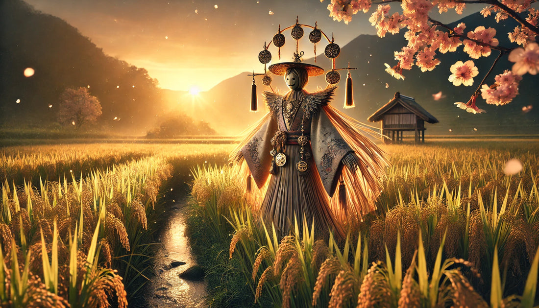 Kuebiko, the Japanese god of knowledge, depicted as a scarecrow in a golden rice field at sunset, surrounded by cherry blossoms and serene natural elements.