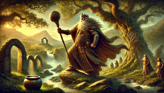 The Dagda, a robust, bearded figure of Irish mythology, stands in a mystical landscape holding his ornate club and cauldron, surrounded by oak trees and golden light.