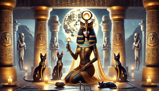 Bastet, the Egyptian goddess with a black cat's head, stands poised in a serene setting of sandstone columns, golden jewelry, and a glowing full moon, holding a sistrum with cats at her feet.