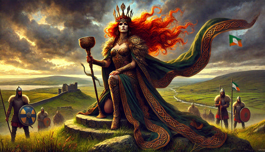 Queen Maeve, a fiery-haired warrior queen, stands atop a hill in ornate armor, holding a spear and chalice, overlooking a battlefield under stormy skies.