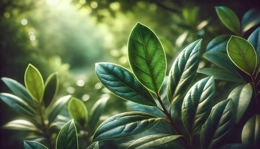 Glossy green bay leaves on a lush bay laurel tree, glistening under soft sunlight in a serene garden setting.