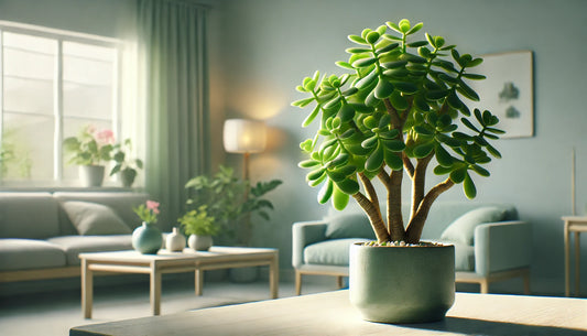 Here is a depiction of a jade plant, showcasing its thick, fleshy green leaves in a serene indoor setting with soft natural light.