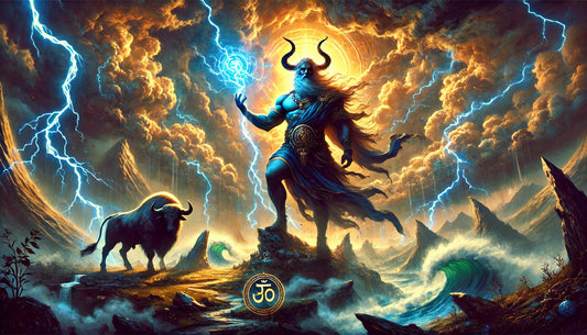 Baal, the god of storms, holding a lightning bolt amidst swirling clouds and vibrant lightning.