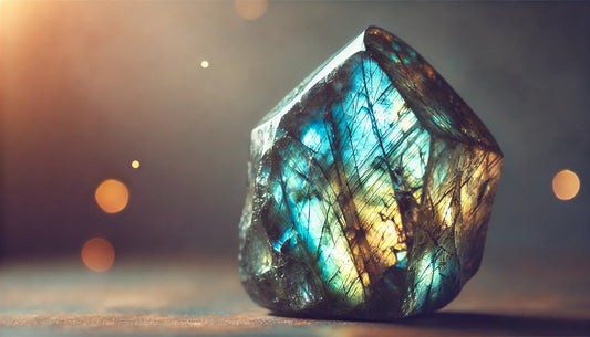 Close-up of a shimmering labradorite crystal with iridescent blue, green, and gold hues against a softly blurred background.