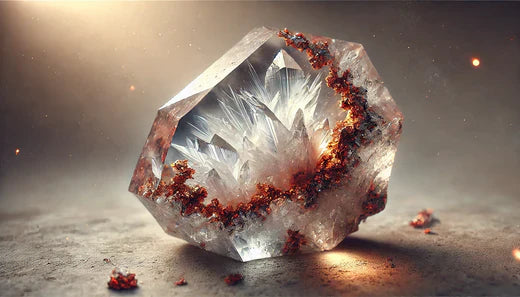 Ghost quartz crystal with ethereal inclusions and rusty red and orange iron deposits, resting on a soft, neutral background with a luminous glow.