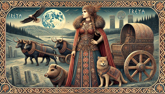 Traditional Norse-inspired illustration of Freya, featuring her chariot with cats, a golden boar, and a Nordic landscape with runestones under a twilight sky.