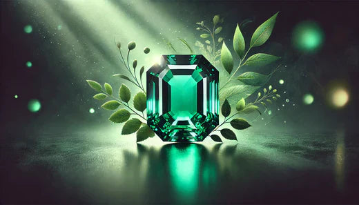 Emerald gemstone with vibrant green hues glistening under soft light, surrounded by delicate natural elements on a dark green and black background.