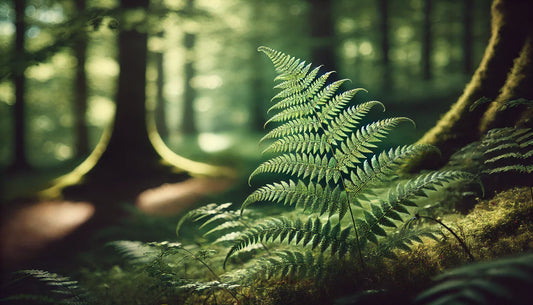 Lush green fern in a shaded woodland setting with soft natural light filtering through.