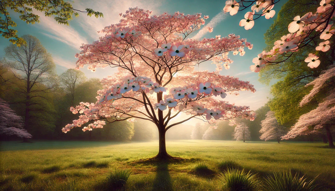 A beautiful image of a Flowering Dogwood tree in full bloom, set in a peaceful landscape.