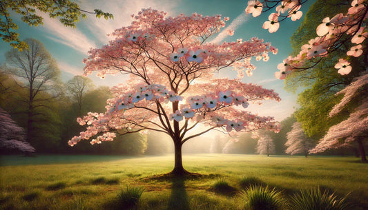 A beautiful image of a Flowering Dogwood tree in full bloom, set in a peaceful landscape.