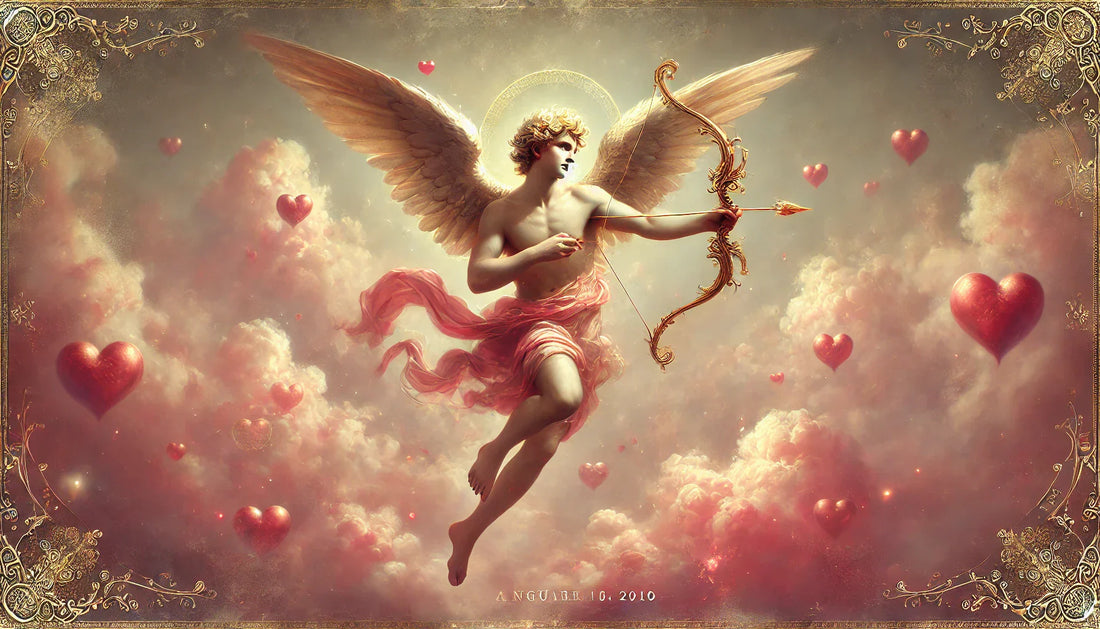 Cupid, the Roman god of love, floats amidst a dreamy sky with pink and red clouds, holding a golden bow and quiver of enchanted arrows, symbolizing passion and romance.
