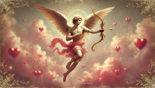 Cupid, the Roman god of love, floats amidst a dreamy sky with pink and red clouds, holding a golden bow and quiver of enchanted arrows, symbolizing passion and romance.