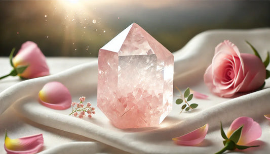 Soft pink Rose Quartz crystal glowing in natural sunlight, resting on a white silk cloth surrounded by delicate rose petals, with a blurred nature background conveying love and harmony.