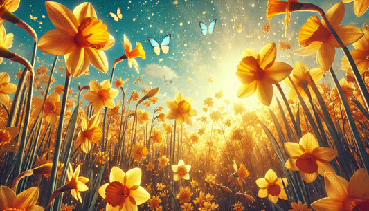 A vibrant field of golden yellow daffodils in full bloom under a clear blue sky, gently swaying in the breeze with butterflies fluttering among the flowers.