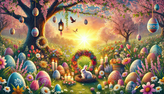 Ostara celebration in a lush spring meadow with blooming flowers, decorated eggs, a warm sunrise, and a small altar beneath a blossoming tree, surrounded by rabbits and birds.
