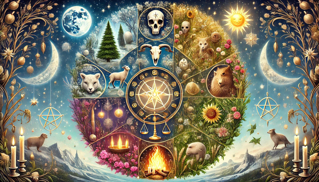 A mystical Wheel of the Year with seasonal symbols in a celestial setting.