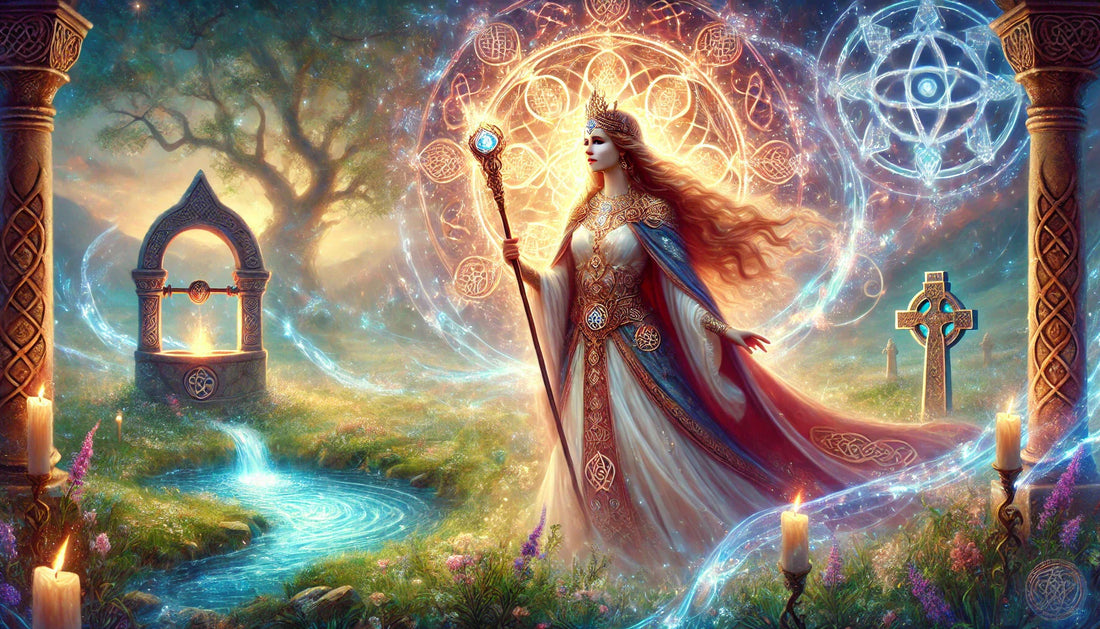 Brigid, the Celtic goddess of inspiration and healing, surrounded by a sacred flame, holding a staff, with an enchanted landscape in the background.