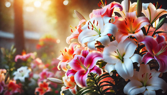 Close-up of vibrant lilies in full bloom, featuring white, pink, and orange petals, bathed in soft natural sunlight with a blurred garden background.