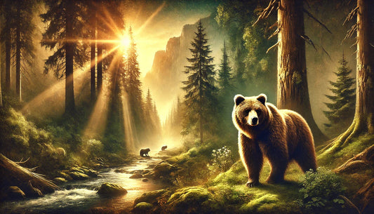 A majestic grizzly bear standing in a sunlit forest, surrounded by towering trees and a flowing river, exuding strength, wisdom, and a deep connection to nature.