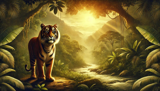 A majestic tiger standing in a lush jungle, bathed in golden sunlight, surrounded by dense tropical foliage and a flowing river, exuding strength, wisdom, and a deep connection to nature.