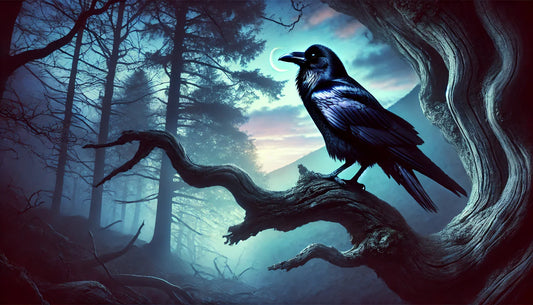 A majestic raven perched on a gnarled tree branch, silhouetted against a twilight sky, with its glossy black feathers shimmering with hints of blue and purple.