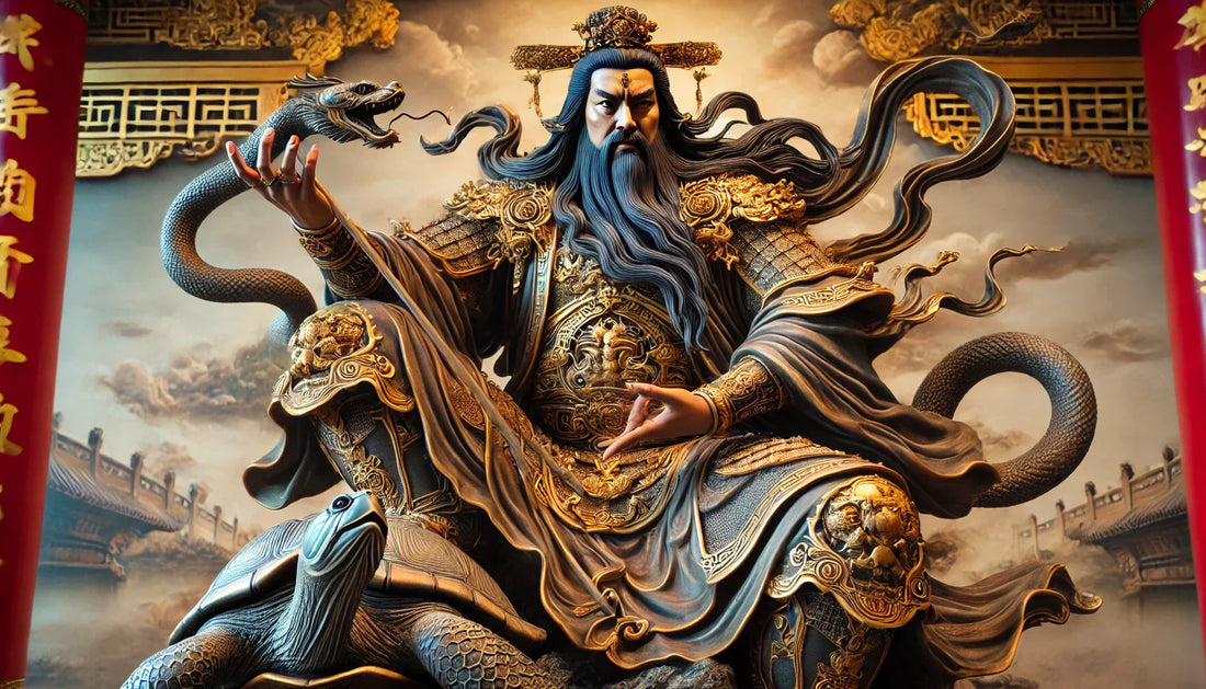 Xuan Wu, the Dark Warrior, seated in golden armor with a snake and tortoise at his feet, exuding power in a sacred temple setting.