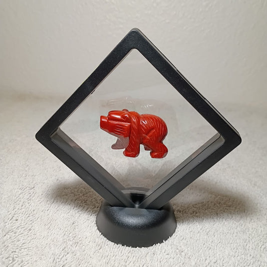 Red Jasper Bear Carving – Strength Totem in Floating Display
